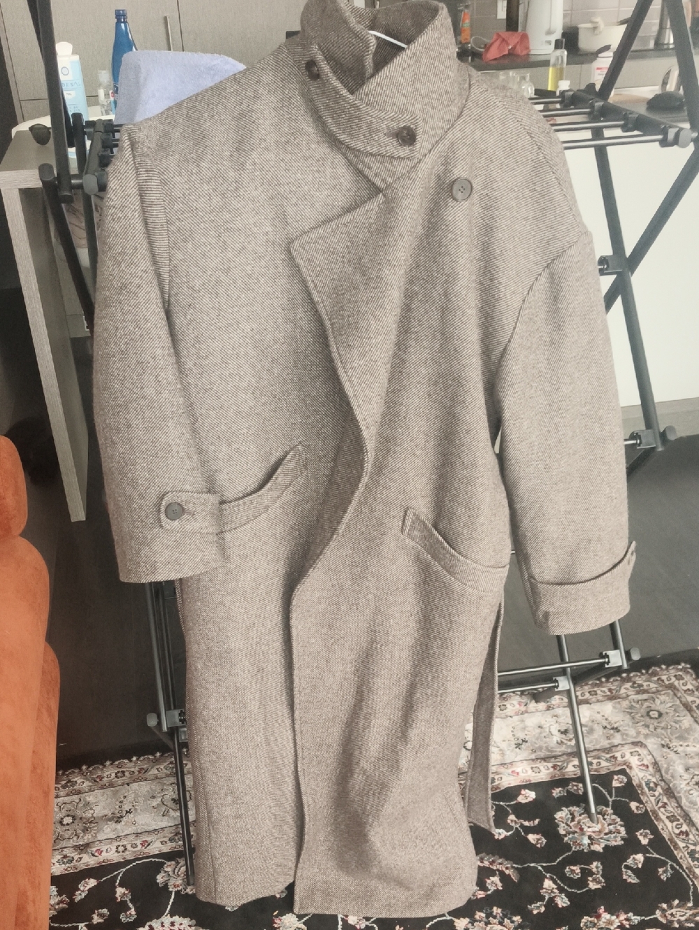 Neutral Taupe Wool Blend Long Coat